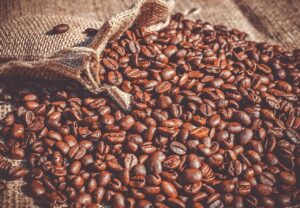 Coffee beans in burlap bag